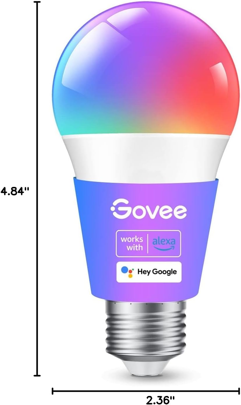 Govee Smart Light Bulbs, Color Changing Light Bulb, Works with Alexa and Google Assistant, 16 Million Colors RGBWW, WiFi & Bluetooth LED Light Bulbs, Music Sync, A19, 800 Lumens, 1 Pack