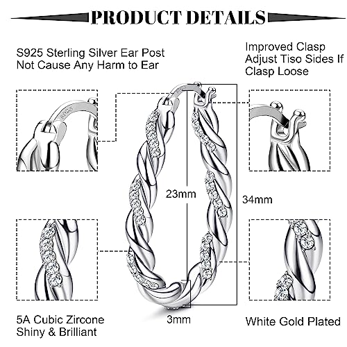 KRFY 925 Sterling Silver Twisted Hoop Earrings With Cubic Zirconia - Hypoallergenic 14K Gold Plated Oval Chunky Hoops for Women Girls - Gold Silver - Image 3