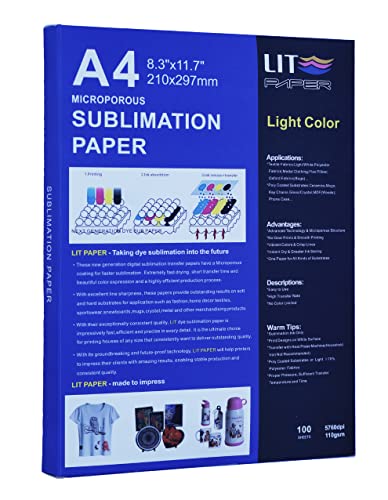 LIT Sublimation Paper A4 210x297 mm, 100 Sheets 110gsm Heat Press Transfer Paper - for Any Epson Sawgrass Ricoh HP Canon Inkjet Sublimation Printers with Sublimation Ink for Sub Blanks Shirts Mugs