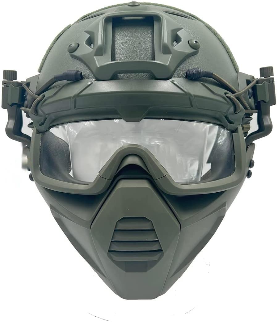 Airsoft Tactical Fast Helmet Military Half Mask with 3D Split Safety Goggles, Used for Airsoft Paintball Hunting Role-Playing CS Games, Green