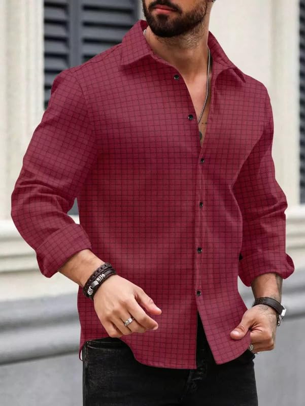 Image of DEELMO Men's Regular Fit Button Down Dress Shirts Textured Long Sleeve Casual Hawaiian Shirt