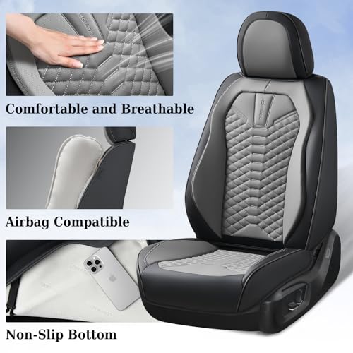 Image of Coverado Leather Seat Covers, Car Seat Covers Full Set, Nappa Leather Seat Covers for Cars, Car Seat Protectors Waterproof, 5 Seats Black&Gray Automotive Seat Covers Fit for Most Cars Trucks