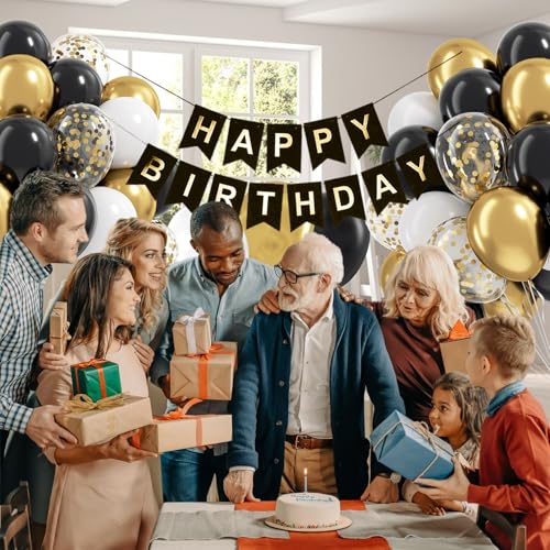 Image of 12inch Black White and Gold Balloons with White Metallic Gold Balloons | Graduation, Anniversary, Birthday Party Decorations, Wedding