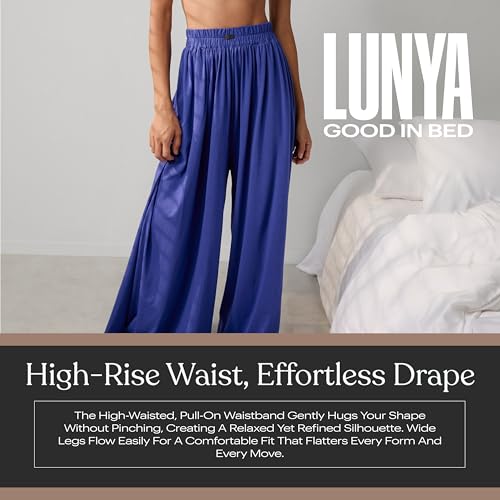 Image of Lunya Organic Pima Wide Leg Cotton Pants for Women - Organic Cotton Palazzo Pants - High Rise Wide Waistband - Raw Hem for Customization - Relaxed Lounge Wear - Small - Royal Lagoon