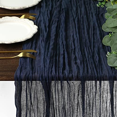 Uwilowe 13Ft Navy Blue Table Runner, Boho Gauze Cheese Cloth Table Runner Rustic Sheer Runner 160inch Long for Wedding Bridal Baby Shower Birthday Party Cake Table Decorations