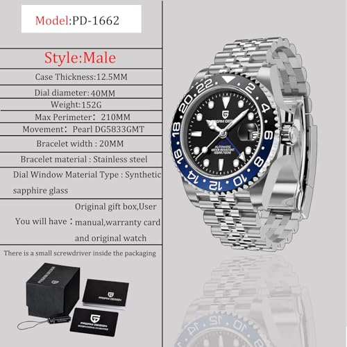 Image of BY BENYAR Pagani Design GMT Men's Watch, Luxury Sapphire Glass Mechanical Watches, 40mm Stainless Steel Water Resistant Automatic Watch for Men 1662