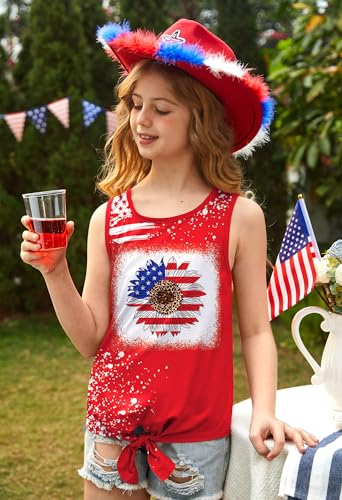 Image of July 4th Girls Patriotic Sleeveless Tie Knot Front Tank Top Stars Stripes Tee Shirt 4-14 Years