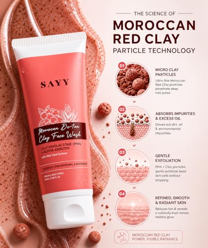 Image of SAYY Moroccan De-Tan Clay Face Wash, Tan Removal, Deep Cleansing and Skin Brightening, with Aloe Vera Extract, for All Skin Types