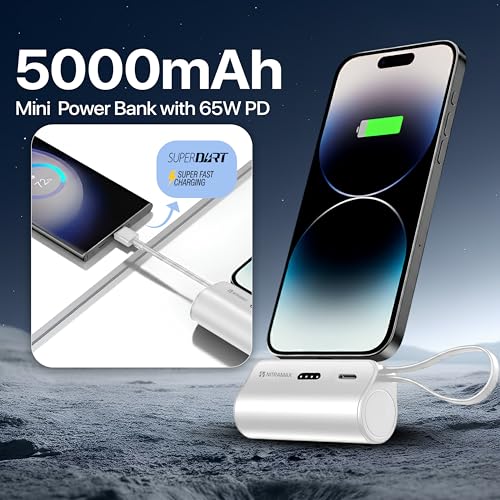 Image of Portable Power Bank 5000mAh with Built-in Type-C Cable, LED Battery Indicator, USB-C Input Port, White