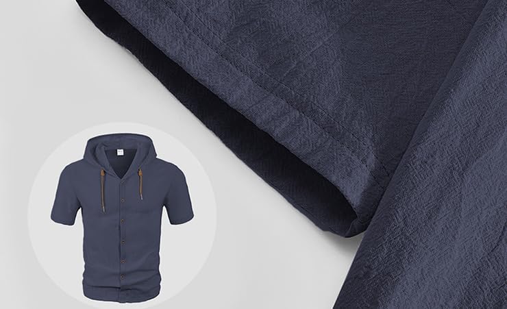 Mens Hooded Linen Blend Shirt Short Sleeve Button Down Casual Drawstring Hoodie Tunic for Summer Beach and Daily Wear