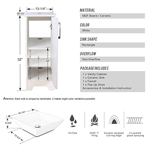 Eclife 14" Bathroom Vanity And Sink Combo White Small Vanity Square Ceramic Vessel Sink & 1.5 Gpm Water Save Faucet & Solid Brass Pop Up Drain (A07B08W) #TOP1