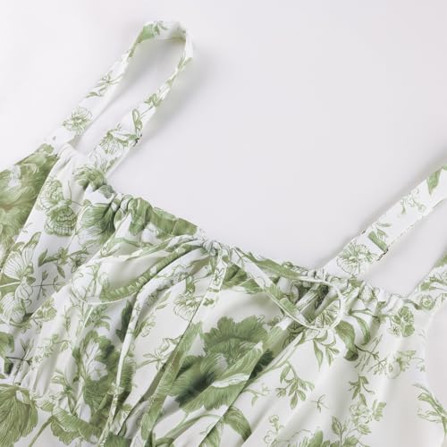 SCARLET DARKNESS Sommerkleid Damen Spaghetti Lange Boho Kleid Vintage Milkmaid Country Kleid Weiß-Grüne Linienblumen XL 3