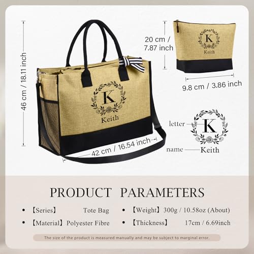 Personalized Canvas Tote Bag for Women - Custom Initial Name Jute Handbag Set with Makeup Bag - Customized Gift for Woman2