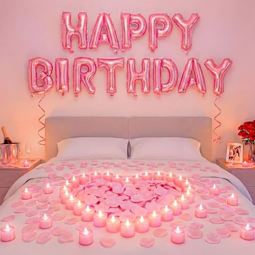 Image of Pink Happy Birthday Balloons Decorations Happy Birthday Letter Balloons Banner Set with 24pcs Round Flameless LED Candles and 2000pcs Artificial Rose Petals for Women Men Room Party Decor
