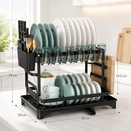 Image of DAHAN Dish Drying Rack Stainless Steel Over Sink 2 Tier Dish Drying Rack with Automatic Drainage System, Utensil Holder and Cutting Board, Cup Rack, Suitable for Kitchen