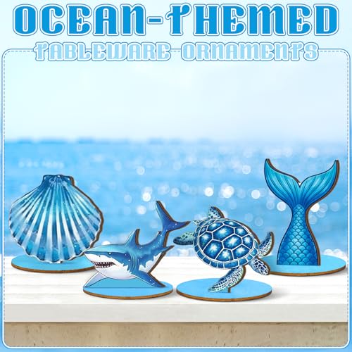 Image of Threehoney 10 Pcs Ocean Wood Table Sign Under The Sea Wooden Beach Table Decor Sea Animal Coastal Beach Centerpiece Nautical Block Summer Decoration for Home Party Supplies(Coastal Style)