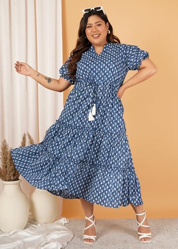 Image of Indietoga Women's Floral Printed Pure Cotton Tiered Maxi Dress (XL to 7XL)