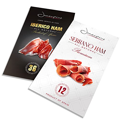 Premium Serrano Ham Sliced Dry-Cured (12Oz) + Spanish Iberico Ham Sliced (2Oz) - Spanish Jamon Iberico (Pata Negra) And Serrano With No Nitrates Or Nitrites All Natural, Gmo Free And Gluten Free #TOP2