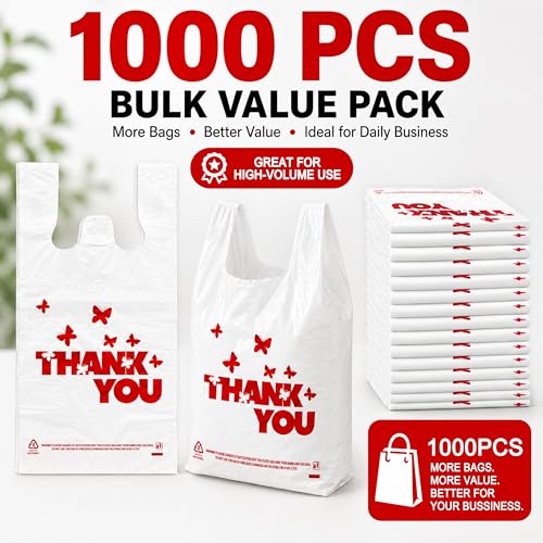 Image of YoYoRain 1000 Count White Thank You T-Shirt Bags, 11 x 6 x 21 in