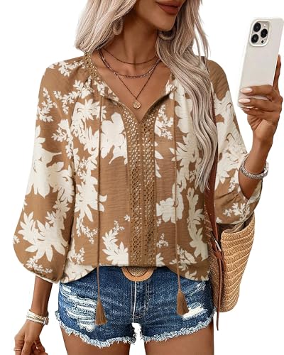 Gaharu Women's 3/4 Sleeve Boho Tops Casual V Neck Floral Print Loose Fit Blouses Tunic