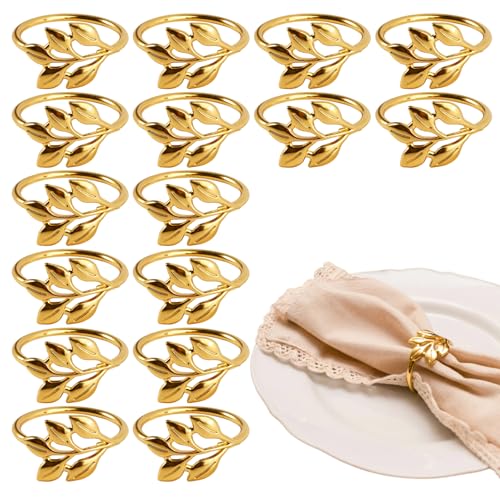 16 Pièces Rond de Serviette en Motif Feuille en Métal, Doré Anneau Serviette Forme de Feuille, Anneaux de Serviettede Feuilles Rond Serviettes pour...