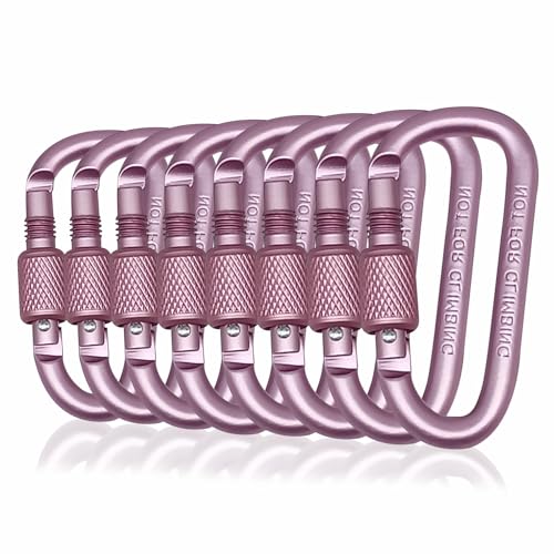 YUCHIYA 8 Pack D-Shape Carabiner Clasp with Screw Gate, 2.2 Inch Mini Keychain Clip Key Chain Buckle, Aluminum Alloy Keyrings Hook for Outdoor Hiking not for Climbing (D with Screw, Pink)