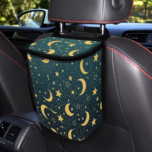 Image of Car Trash Can with Lid Storage Pockets for Disposable Garbage Bag, Multipurpose Collapsible Car Organizer, Moon Star Print