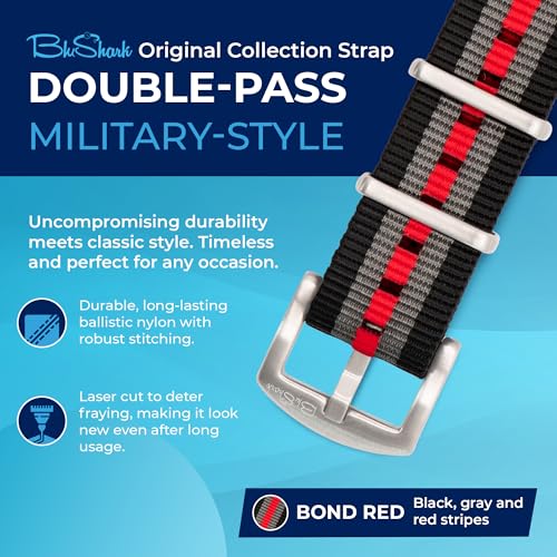Image of BluShark - Original Collection Military-Style Waterproof Watch Strap, Fits All Timepiece Brands, Durable Nylon Wristwatch Accessories with Stainless Steel Buckle - 18mm, 20mm, 22mm & 24mm Watch Bands
