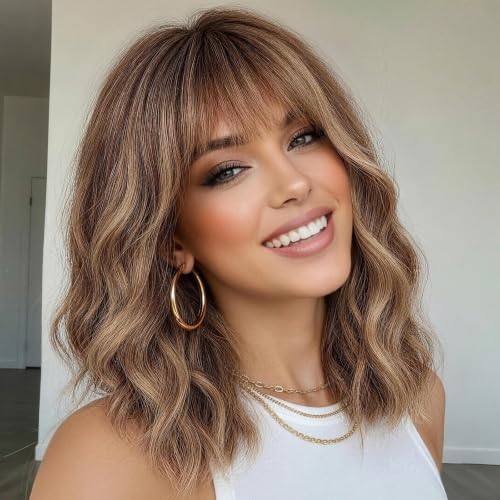 Image of Nnzes Short Wavy Bob Wig with Bangs for Women Shoulder Length Curly Soft mushroom ash brown highlights Synthetic Heat-Resistant Fiber Hair for Daily & Party Use