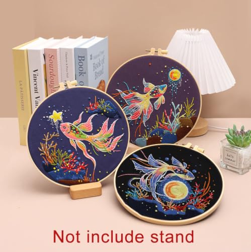 Image of Konrisa Stamped Embroidery Kit for Adults, 3 Set Elegant Goldfish DIY Sewing Needlepoint Cross Stitch Kit with Embroidery Floss,Hoops,Color Thread,Needle,1 pc Hoop