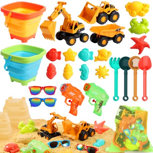 HUITEM Beach Toys Set with Trucks