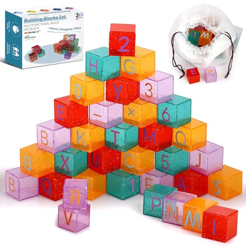 HOPANDOS 40 PCS Building Blocks for Toddlers, ABC & Number Stacking Blocks Toys for Kids with Color ID Cards, Alphabet Learning and Educational STEM...
