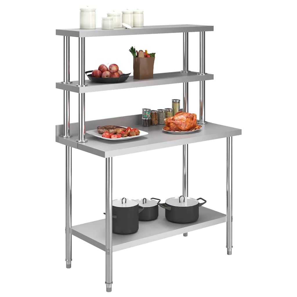 Mesa de trabajo de acero inoxidable con placa superior, 120 x 60 x 150 cm, mesa de acero inoxidable para gastronomía y restaurante