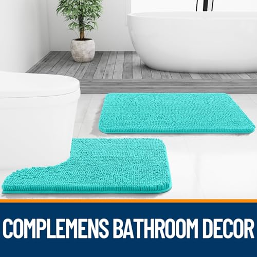 Image of OLANLY Bathroom Rugs Sets 2 Piece, Soft Absorbent Chenille Bath Mats and U-Shaped Contour Toilet Mat Area Rug Set, Machine Washable Bath Carpet, Home Decor Accessories(24 inchx16 inch+24 inchx20 inch, Teal)