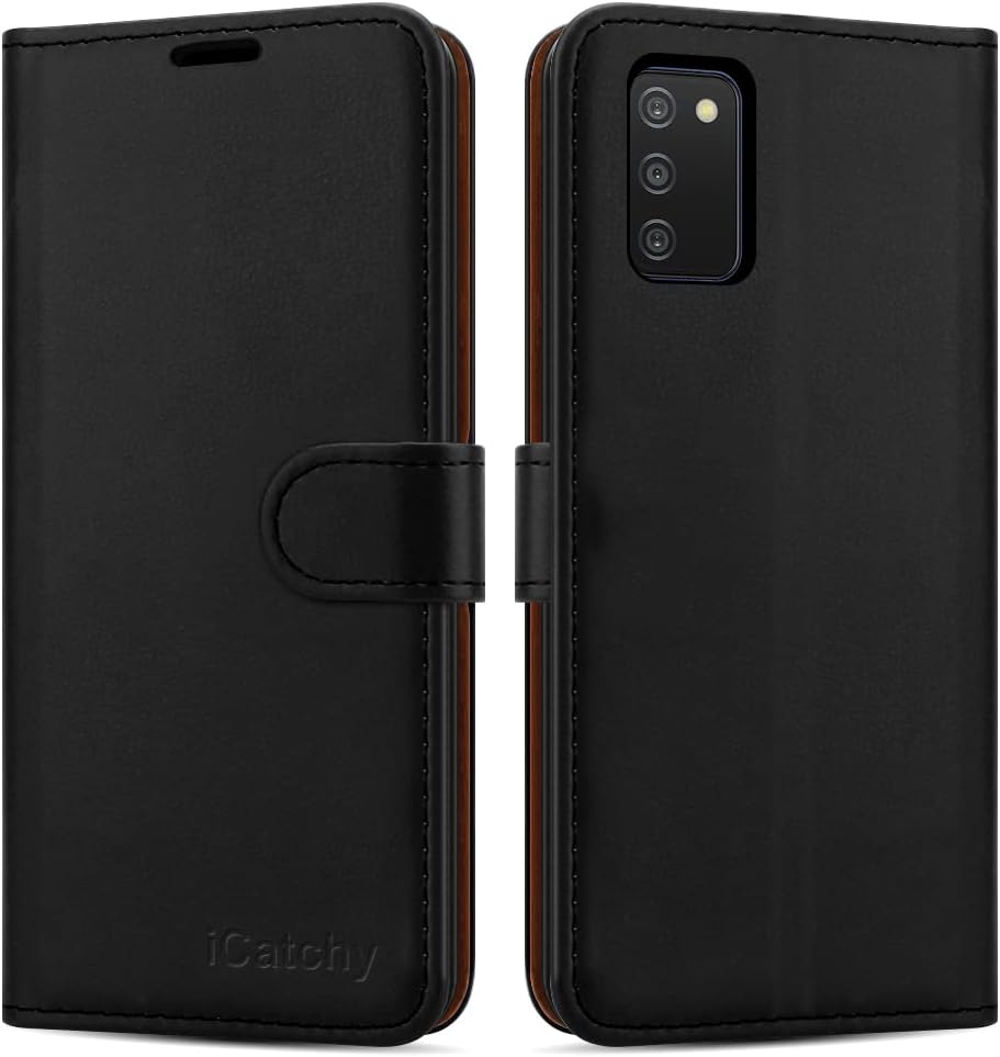 iCatchy for Samsung Galaxy A03S Case Leather Wallet Book Flip Folio Stand View Magnetic Closure with Card Slots Cover (Black)
