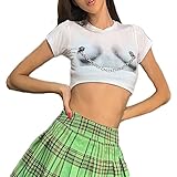 ZYST White Crop Top with Boobs Graphic ​and Hanging Metal Nipple Chain, Women's Sexy Hot Short...