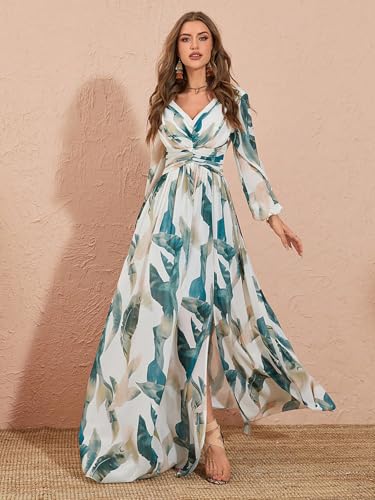 Image of TOLEEN Summer Casual Dresses for Women 2024 Spring Fashion Boho V Neck Long Sleeve Ruffle Floral Print Elegant Maxi Dress