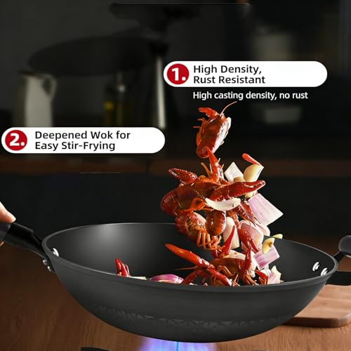 Wok de hierro fundido con tapa, 13.39"/14.17" acero al carbono pre-sazonado miniatura 3
