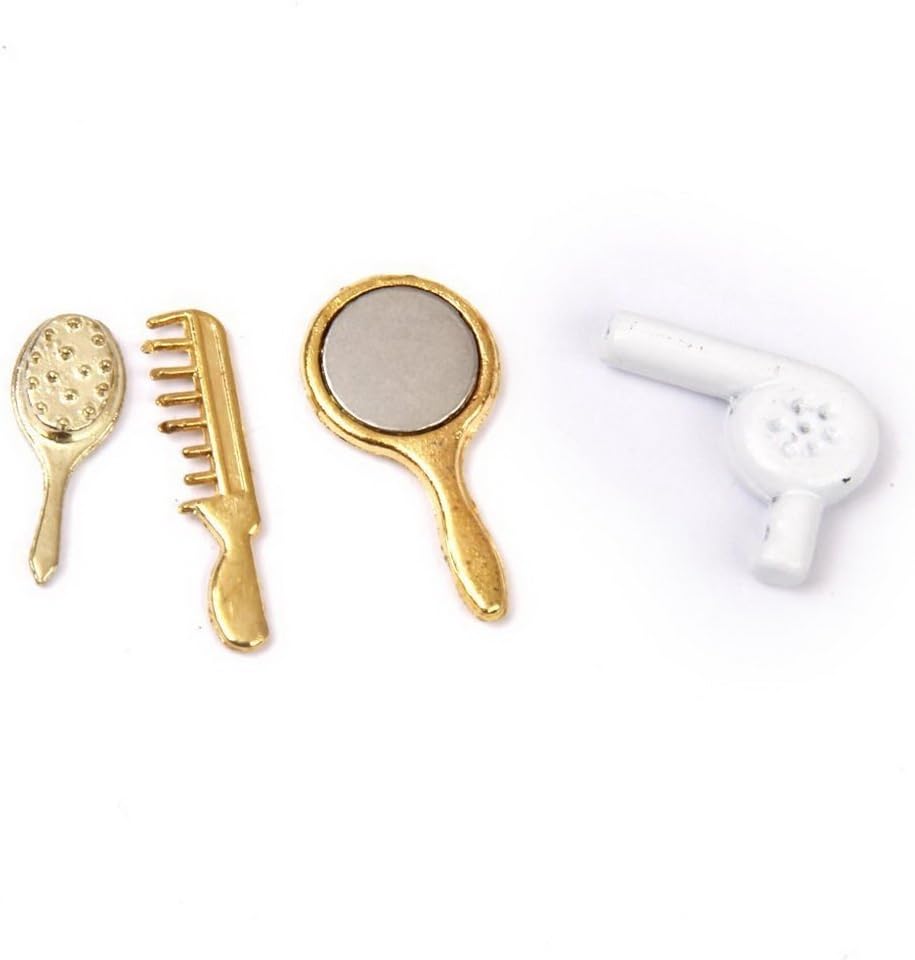 SUOSI Dollhouse Miniature Comb Mirror Hair Dryer Sets Make-up Accessory for Dolls White Gold 4 Pcs