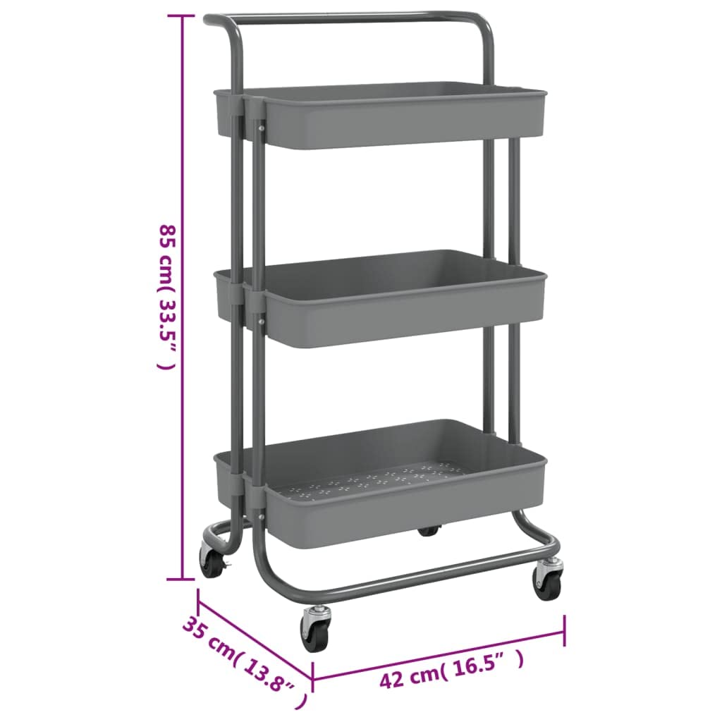vidaXL Carrito de Cocina Carro de Servicio Doméstico Niños Garaje Estantes Almacenamiento Alimentos Bebidas 3 Niveles Hierro y ABS Gris 42x35x85 cm