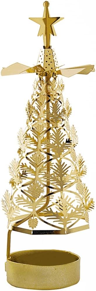 Desktop Christmas Revolving Lantern Stand Tray Rotating Tealight Tree Shape Candlestick Holder Decoration (Color : Sliver, Size : 6.8 * 22cm) (Golden 6.8 * 22cm)