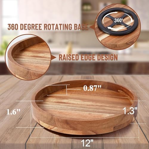 Image of 12 Inch Acacia Wood Lazy Susan Organizer for Cabinet, Lazy Susan Turntable for Countertop Table Pantry, Kitchen Turntable Storege Container