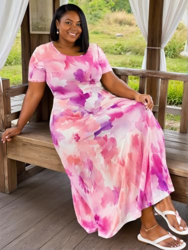 Image of PinkPatty Plus Size Dress for Women Casual Crew Neck Short Sleeve Maxi Dress Oversized Summer Beach Dresses with Pockets