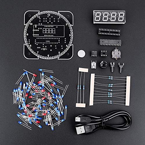 Kit d'horloge numérique à LED bricolage, rotation de contrôle de la lumière multifonctionnelle, réveil électronique de température à LED numérique pour la maison, l'école (rouge + câble + étui)