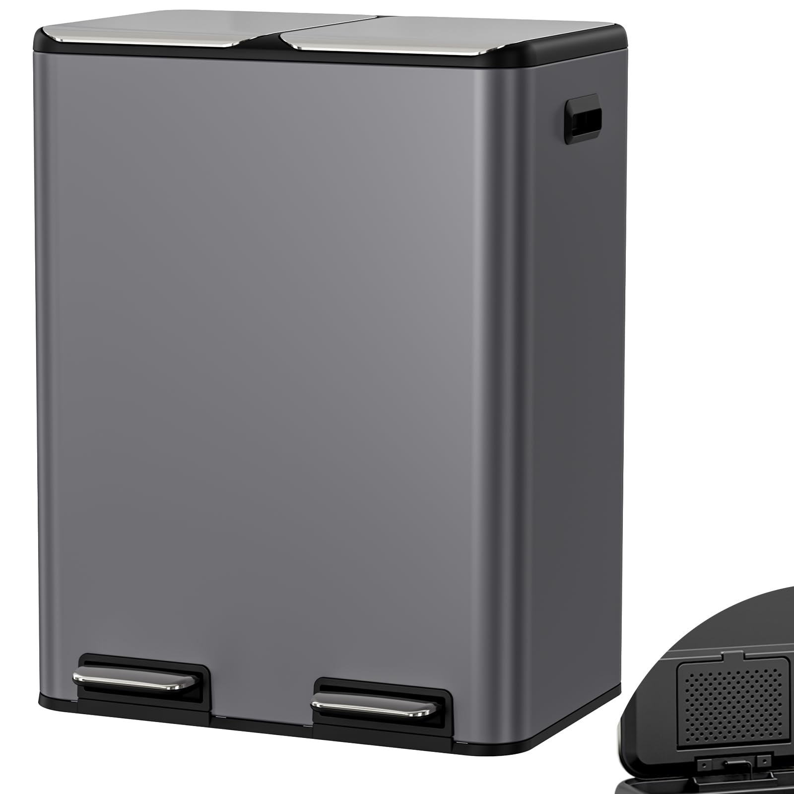 Clevich 60L Double Bin with Odor Control, (2 x 30L) Dual Kitchen Bins, Recycling Waste Bin w/Wide Pedal, Handle, Removable Inner Buckets, Soft-Close Lid, Airtight Design, for Home Office(Grey)
