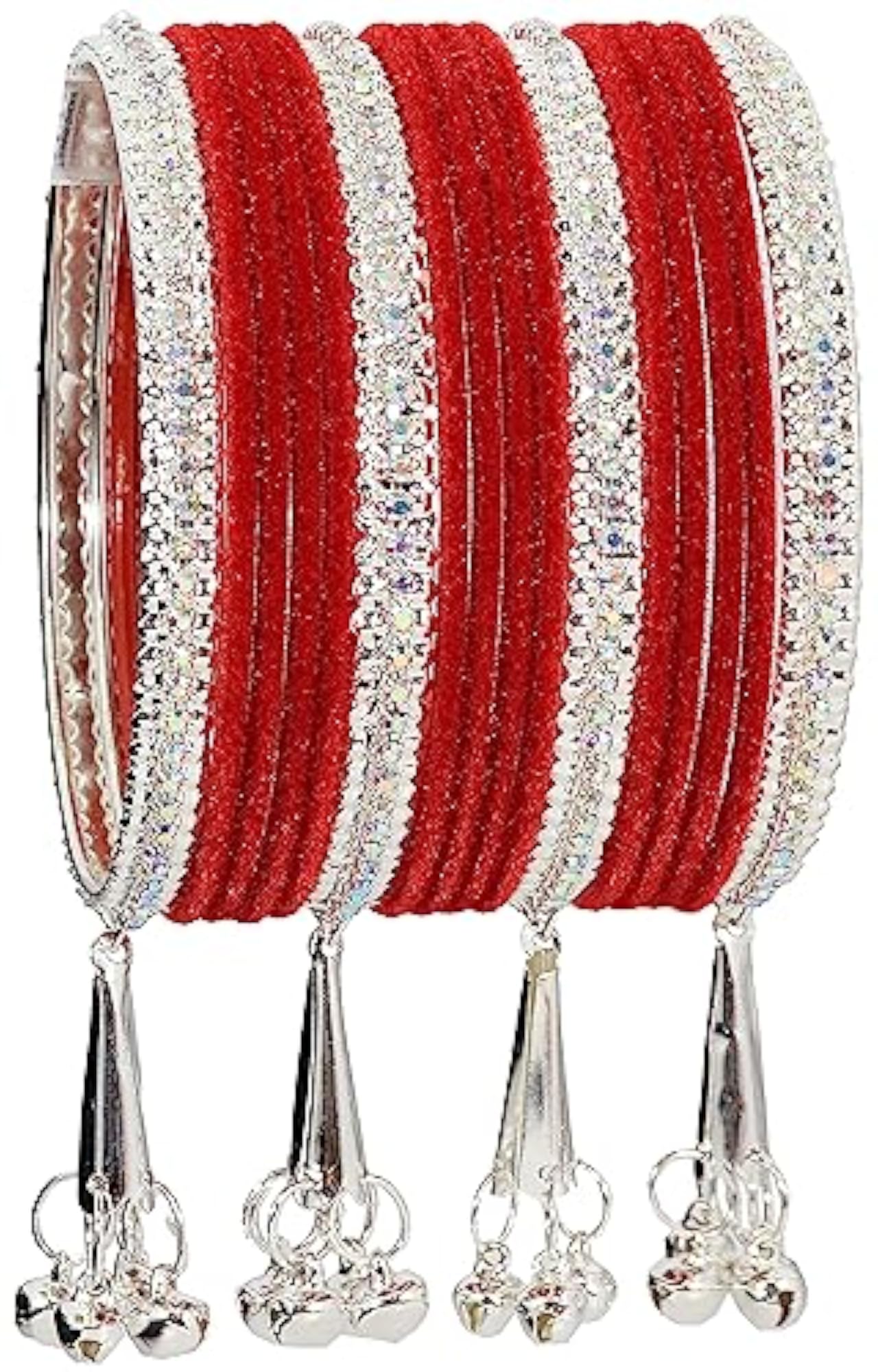 Metal Zircon Gemstone Velvet Bangles Set With Studded Bells