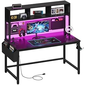 Black Gaming Desk with Hutch and Pegboard – 47 Inch Gaming Desk with Shelves Storage Power Outlets, Computer Teen Work Study Writing Desks for Bedroom Home Office
