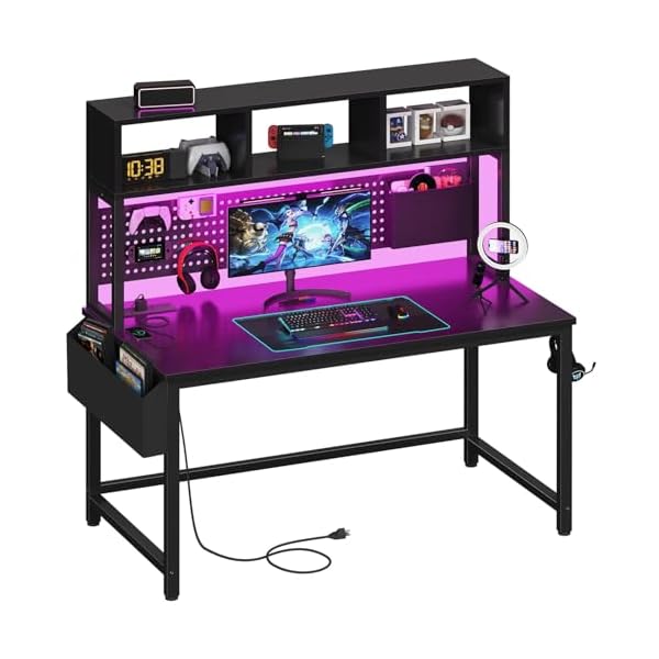 Black Gaming Desk with Hutch and Pegboard – Computer Desk with Power Outlets, 47 Inch Modern Study Desk with Pegboard Storage Bag, Hooks and Side Bag,Writing Desk for Bedroom Home Office