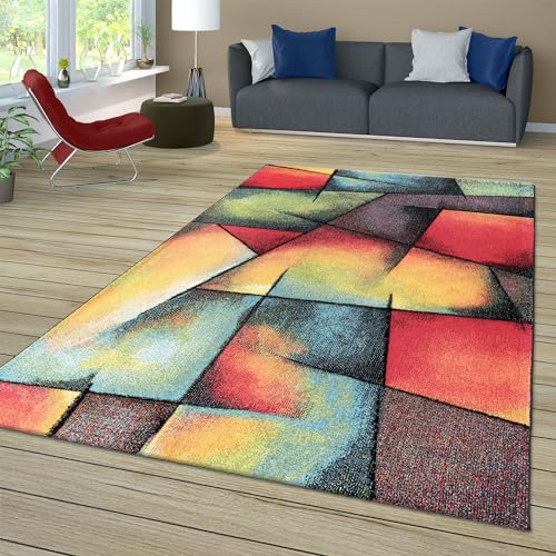 TT Home Wohnzimmer Teppich Bunt Kurzflor Wohnzimmerteppich Meliert 3D Optik Geometrisch, Farbe:Grün...