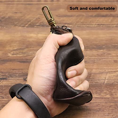 Medieval Leather Zipper Coin Pouch, Genuine Cowhide Handcrafted Coin Organizer Change Holder Keychain Coin Purse for Men & Women (Brown)3